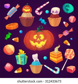 Happy halloween. Set of colorful halloween sweets and candies icons