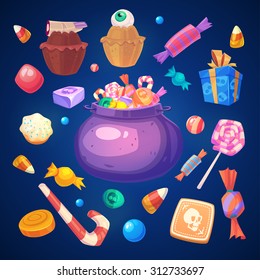 Happy halloween. Set of colorful halloween sweets and candies icons