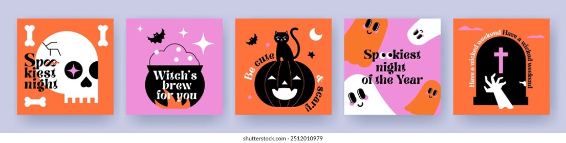 Feliz Halloween. Conjunto de lindas y brillantes tarjetas de dibujos animados planos de Vector con murciélagos, calabazas, fantasmas y deseos de Halloween. Diseño plano de moda para la decoración, anuncios, saludos, Anuncio, cartel, cubierta, impresión