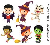 Happy Halloween. Set of cute cartoon children in colorful halloween costumes:witches,dragula,mummy,zombie.Cartoon icon set for halloween kid design. vector and illustration.
