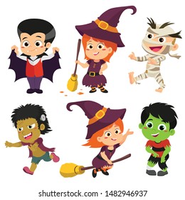 Happy Halloween. Set of cute cartoon children in colorful halloween costumes:witches,dragula,mummy,zombie.Cartoon icon set for halloween kid design. vector and illustration.