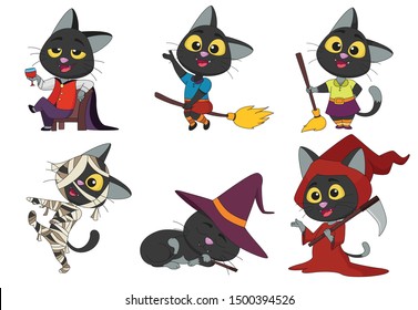 Happy Halloween. Set of cute cartoon cat in colorful halloween costumes:witches,dracula,mummy,devil.Cartoon icon set for halloween kid design. vector and illustration.