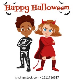 Happy Halloween. Set of cute cartoon children in colorful halloween costumes: devil, skeleton