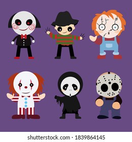 Happy Halloween. Set of cute cartoon. Cartoon icon set for Halloween design. Halloween costume characters. Vector Illustration