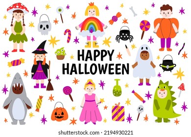 Happy Halloween. Set of cute cartoon children in colorful halloween costumes: ghost, witch, dinosaur, pumpkin, princess, mushroom, shark and rainbow. Trick or treat elements.