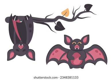 Feliz Halloween. Conjunto de lindos murciélagos de dibujos animados aislados. Un animal espeluznante con las alas esparcidas y boca abajo sobre la rama. Carácter gracioso temible. Ilustración plana vectorial para fiesta de decoración, vacaciones, tarjeta