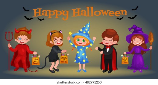 Happy Halloween. Set of cute cartoon children in colorful halloween costumes: Dracula, girl dressed as a pumpkin, sorceress, devil , witch , cat