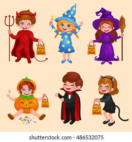 Happy Halloween. Set of cute cartoon children in colorful halloween costumes: Dracula, cat, girl dressed as a pumpkin, sorceress, devil , witch 