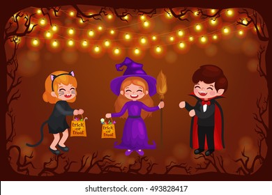Happy Halloween. Set of cute cartoon children in colorful halloween costumes: Dracula, cat, witch , 