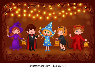 Happy Halloween. Set of cute cartoon children in colorful halloween costumes: Dracula,sorceress, devil , cat, witch , 