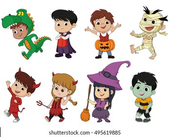 Happy Halloween. Set of cute cartoon children in colorful halloween costumes:witches,dragula,mummy,devil,zombie,pumpkin.Cartoon icon set for halloween kid design. vector and illustration.