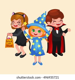 Happy Halloween. Set of cute cartoon children in colorful halloween costumes: Dracula, sorceress,  cat