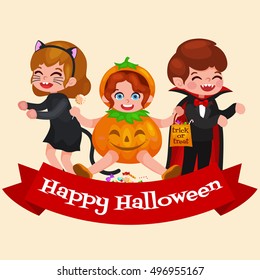 Happy Halloween. Set of cute cartoon children in colorful halloween costumes: Dracula, girl dressed as a pumpkin , cat