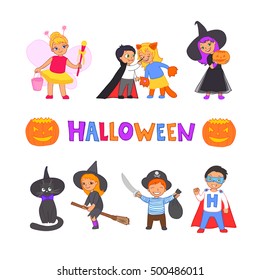 Happy Halloween. Set of cute cartoon doodle children in colorful halloween costumes: cat, pirate, witches, dracula, super hero. Cartoon icon set for halloween kid design. Isolated on white