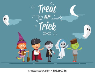 Happy Halloween. Set of cute cartoon children in colorful halloween costumes witches, ghost, skeleton, zombie. Flat illustration set of halloween kids