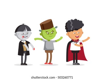 Happy Halloween. Set of cute cartoon children in colorful halloween costumes frankenstein and skeleton, zombie boy. Flat illustration set of halloween kids