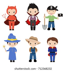 Happy Halloween. Set of cute cartoon children in colorful halloween costumes.