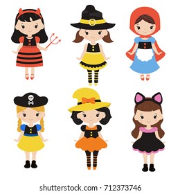 Happy Halloween. Set of cute cartoon children in colorful halloween costumes.