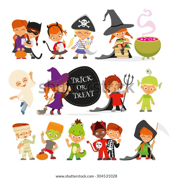 Immagine Vettoriale Stock A Tema Buon Halloween Set Di Simpatici Bambini Royalty Free