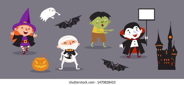 Happy Halloween, a set of cute characters for your festive design. Witch, vampire, mummy, ghoul, dead man, ghost, bat, castle, pumpkin. Vector illustration