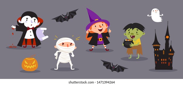 Happy Halloween, a set of cute characters for your festive design. Witch, vampire, mummy, ghoul, dead man, ghost, bat, castle, pumpkin. Isolated vector illustration