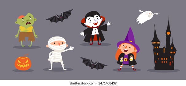 Happy Halloween, a set of cute characters for your festive design. Witch, vampire, mummy, ghoul, dead man, ghost, bat, castle, pumpkin. Isolated vector illustration