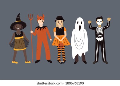 Feliz set de Halloween. Conjunto de lindos niños de dibujos animados con disfraces de Halloween. Diablo, bruja, fantasma, calabaza, esqueleto.