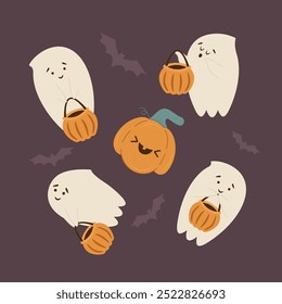 Happy Halloween set. Cute collection of spooky ghost, funny pumpkin and bats. Vector Halloween elements for postcard, flyer or banner.