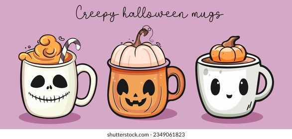 Happy Halloween set of cute creepy mugs with faces. Vector illustration in cartoon style.