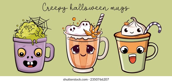 Happy Halloween set of cute creepy mugs with face. Vector illustration in cartoon style. 