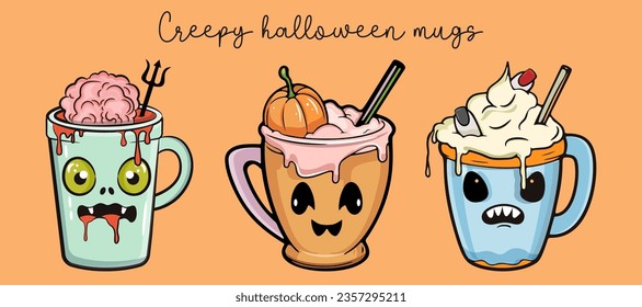 Happy Halloween set of cute creepy mugs with faces. Vector stock illustration in cartoon style. 