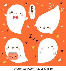 Happy Halloween with set of cute funny ghost. Spooky boo characters for kids in flat cartoon style vector illustration