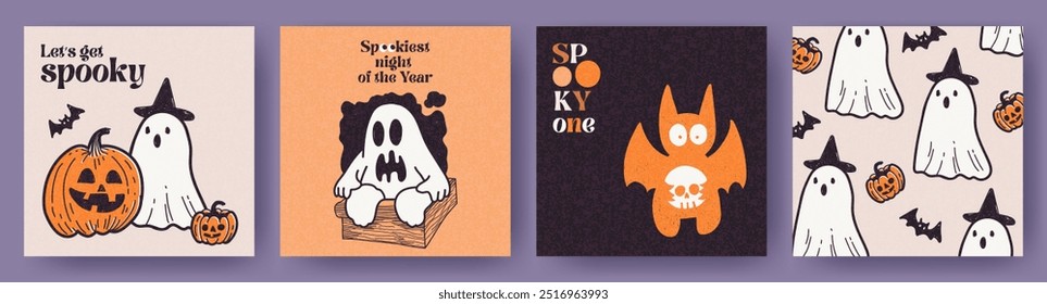 Happy Halloween set of cute hand drawn vector cartoon cards or web banners with ghosts, bat, pumpkin, and Halloween wishes. Trendy doodle flat design for decoration, ads, greetings, poster, cover