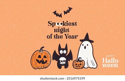 Happy Halloween set of cute hand drawn vector cartoon card or web banner with ghost, bat, pumpkin, and Halloween wishes. Trendy doodle flat design for decoration, ads, greetings, poster, cover