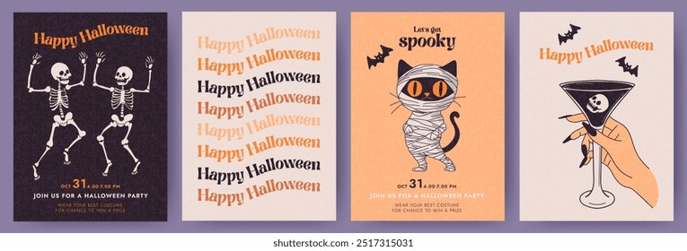 Happy Halloween set of cute hand drawn vector cartoon cards or party invitations with dancing skeletons, black cat dressed as a mummy, witch's hand with a cocktail. Trendy design for decor and ads