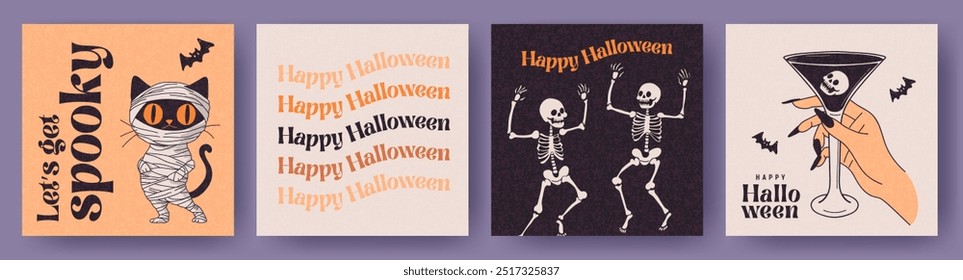 Feliz Halloween conjunto de lindas tarjetas de dibujos animados de Vector dibujadas a mano o invitaciones de fiesta con esqueletos de baile, 
Gato negro vestido de momia, mano de bruja con un cóctel. Diseño de moda para decoración y anuncios