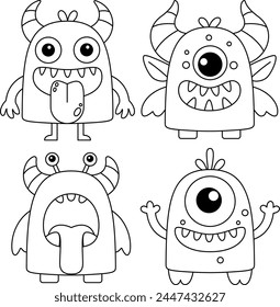 Happy Halloween. Set of cute monster isolated on white background cartoon character coloring page for kids. Funny animal outline illustration