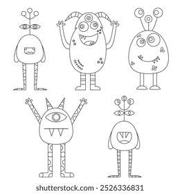 Feliz Dia das Bruxas. Conjunto de monstros bonitos isolados em uma página de coloração de personagem de desenho animado de fundo branco para crianças. Ilustração de contorno de monstros engraçados