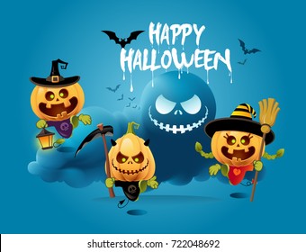 Happy Halloween. Set of cute pumpkin friends and scary clouds vector illustrations.