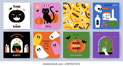 Happy Halloween. Set of cute Vector cartoon cards with Halloween characters, ghost, black cat, bat, pumpkin, Halloween candy and wishes. Trendy flat design for ads, greetings, banner, poster, cover