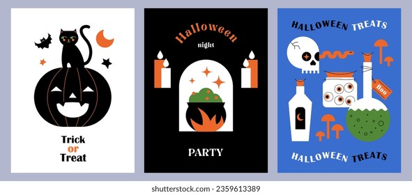 Happy Halloween. Set of cute Vector flat cartoon cards with black cat, bat, pumpkin, skull, potions, witch's cauldron and Halloween wishes. Trendy flat design for ads, greetings, banner, poster, cover