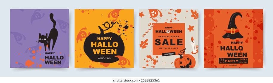 Feliz Halloween conjunto de cartões vetoriais bonitos ou convites de festa com fantasmas engraçados, morcegos, abóboras. Design moderno para capa, faixa de venda, convite de festa, folheto, anúncio, fundo de mídia social