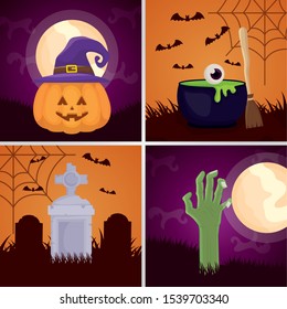 happy halloween set dark scenes vector illustration design