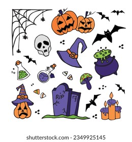 Happy Halloween set with death,  skull,  pumpkin, grave, web isolated on white background in a doodle style. Vector illustration