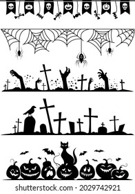 Happy Halloween set of design elements and borders. Isolated black silhouette. Vector