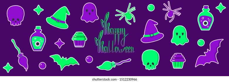 Happy Halloween is a set of different images for the holiday, bats, spiders, cupcakes, broom witches, skulls and more.