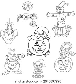 Happy Halloween. Set of Halloween elements. Black and white vector illustration for coloring page