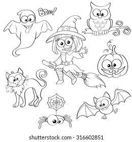 Happy Halloween. Set of Halloween elements. Black and white vector illustration for coloring book 