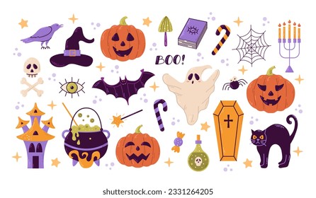 Happy Halloween set of elements, ghost, pumpkin, bat and cat. Vector is cute cartoon illustration in hand drawn style