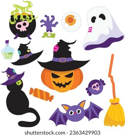Happy Halloween set of elements, ghost, pumpkin, bat and cat. Vector is cute illustration in hand drawn style
